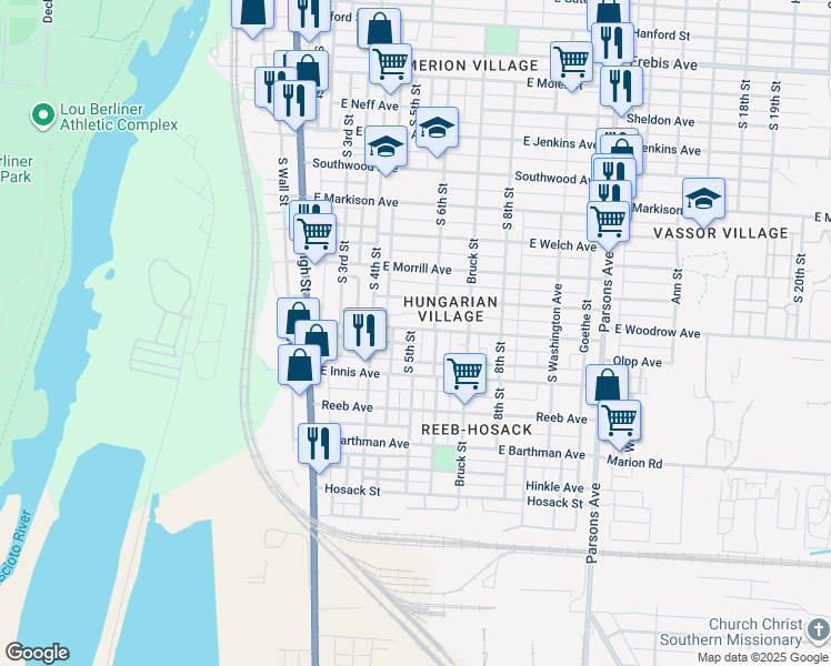 map of restaurants, bars, coffee shops, grocery stores, and more near 1733 South 5th Street in Columbus