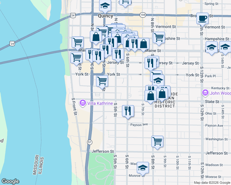 map of restaurants, bars, coffee shops, grocery stores, and more near 518 Maiden Lane in Quincy