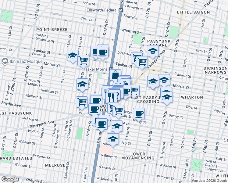 map of restaurants, bars, coffee shops, grocery stores, and more near 1814 South Juniper Street in Philadelphia