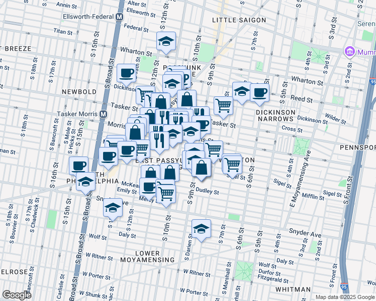 map of restaurants, bars, coffee shops, grocery stores, and more near 924 Pierce Street in Philadelphia