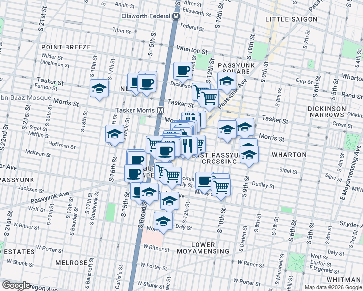 map of restaurants, bars, coffee shops, grocery stores, and more near 1816 East Passyunk Avenue in Philadelphia