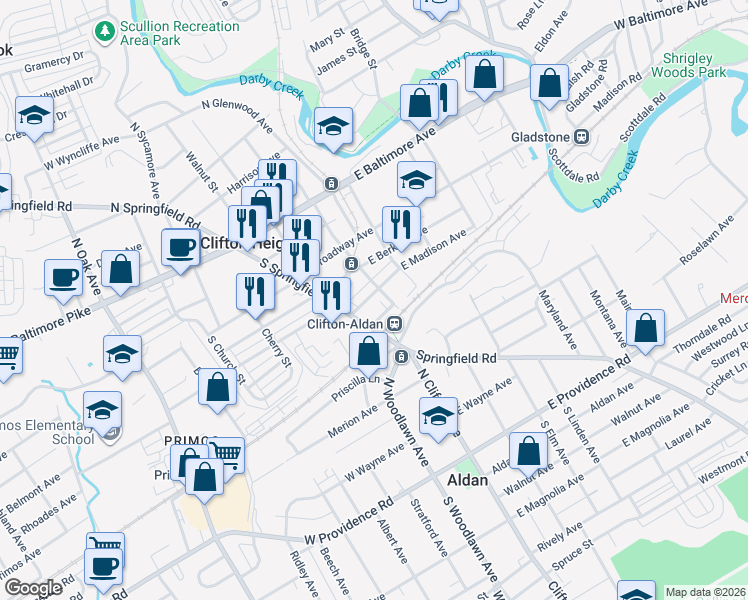 map of restaurants, bars, coffee shops, grocery stores, and more near 1 Jefferson Street in Clifton Heights