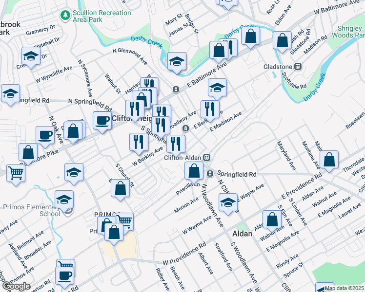 map of restaurants, bars, coffee shops, grocery stores, and more near 5 Windsor Lane in Clifton Heights