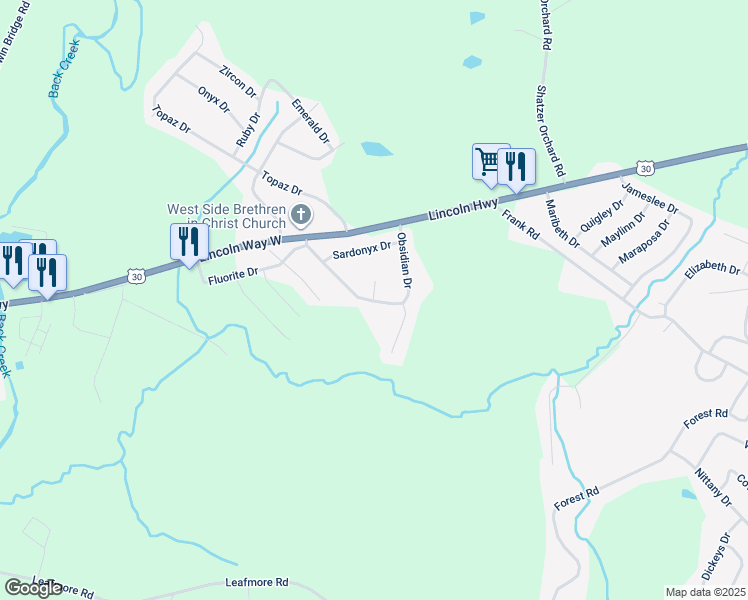 map of restaurants, bars, coffee shops, grocery stores, and more near 48 Obsidian Drive in Chambersburg