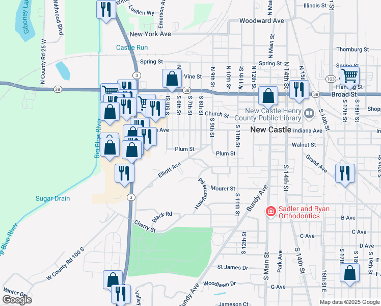 map of restaurants, bars, coffee shops, grocery stores, and more near 501-749 Lincoln Ave in New Castle