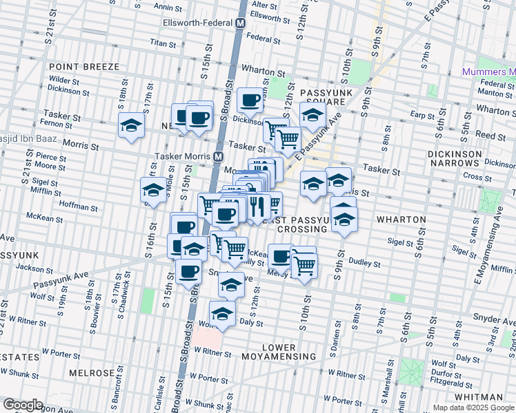 map of restaurants, bars, coffee shops, grocery stores, and more near 1831 East Passyunk Avenue in Philadelphia