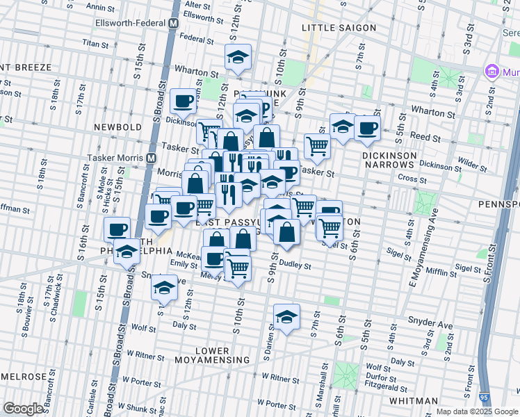 map of restaurants, bars, coffee shops, grocery stores, and more near 1733 South 10th Street in Philadelphia