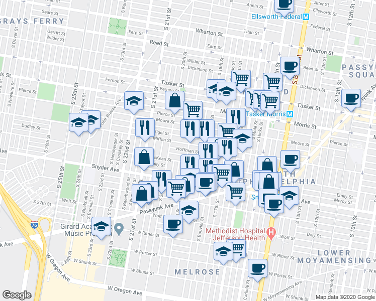 map of restaurants, bars, coffee shops, grocery stores, and more near S 19th St & Hoffman St in Philadelphia
