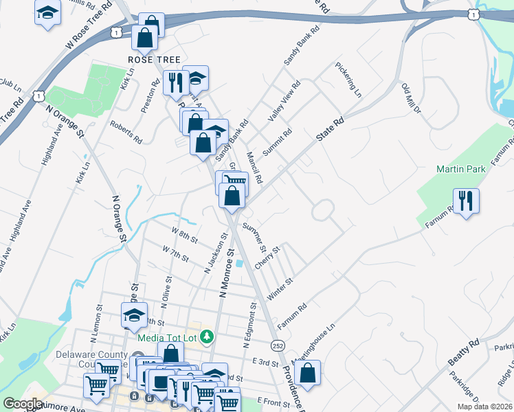 map of restaurants, bars, coffee shops, grocery stores, and more near 8 Spring Street in Media