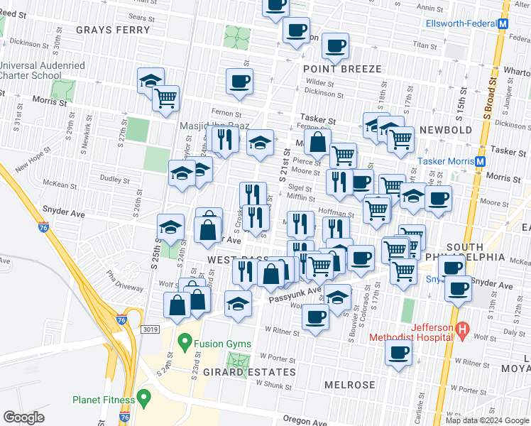 map of restaurants, bars, coffee shops, grocery stores, and more near 1944 South Norwood Street in Philadelphia