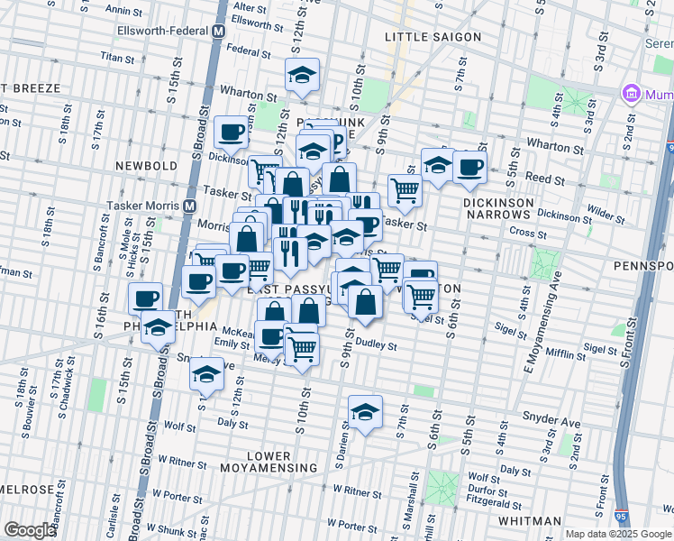map of restaurants, bars, coffee shops, grocery stores, and more near 934 Pierce Street in Philadelphia