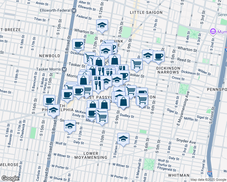 map of restaurants, bars, coffee shops, grocery stores, and more near 936 Pierce Street in Philadelphia