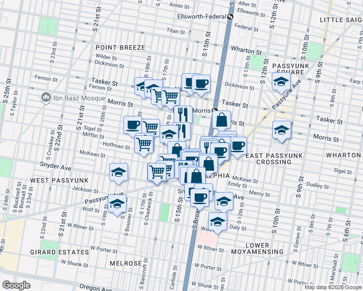 map of restaurants, bars, coffee shops, grocery stores, and more near 1836 South Hicks Street in Philadelphia