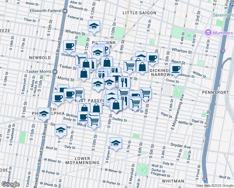 map of restaurants, bars, coffee shops, grocery stores, and more near 835 Pierce Street in Philadelphia