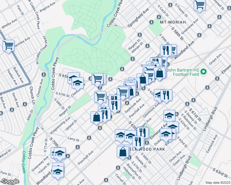 map of restaurants, bars, coffee shops, grocery stores, and more near 2021 South Avondale Street in Philadelphia