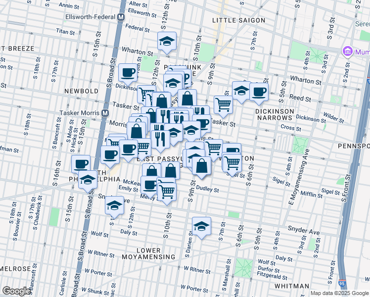 map of restaurants, bars, coffee shops, grocery stores, and more near 936 Pierce Street in Philadelphia