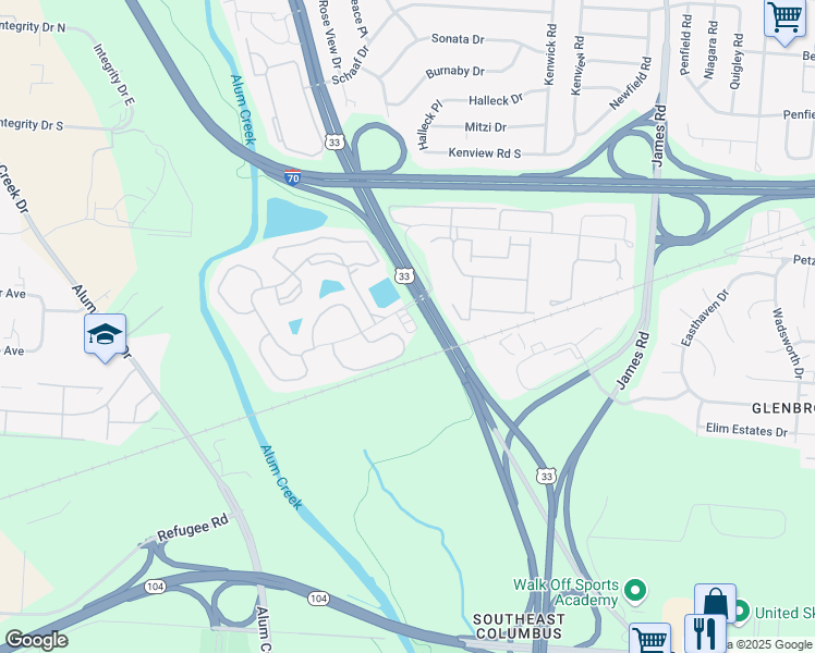 map of restaurants, bars, coffee shops, grocery stores, and more near 2500 Waters Edge Boulevard in Columbus
