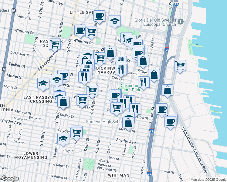 map of restaurants, bars, coffee shops, grocery stores, and more near 1644 South Lawrence Street in Philadelphia