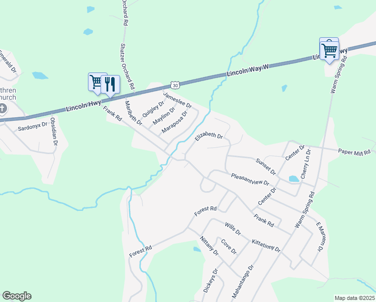 map of restaurants, bars, coffee shops, grocery stores, and more near 1710 Elizabeth Drive in Chambersburg