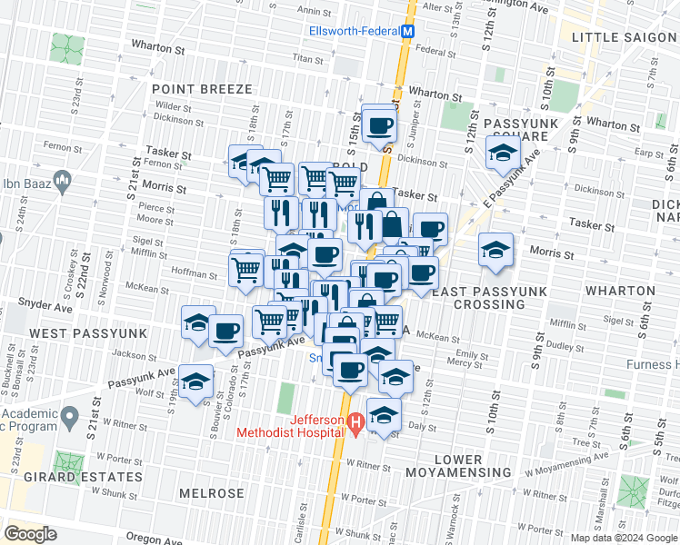 map of restaurants, bars, coffee shops, grocery stores, and more near 1834 South Carlisle Street in Philadelphia