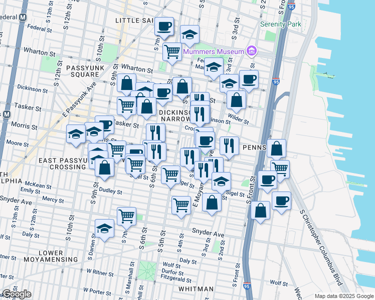 map of restaurants, bars, coffee shops, grocery stores, and more near 1644 South Lawrence Street in Philadelphia