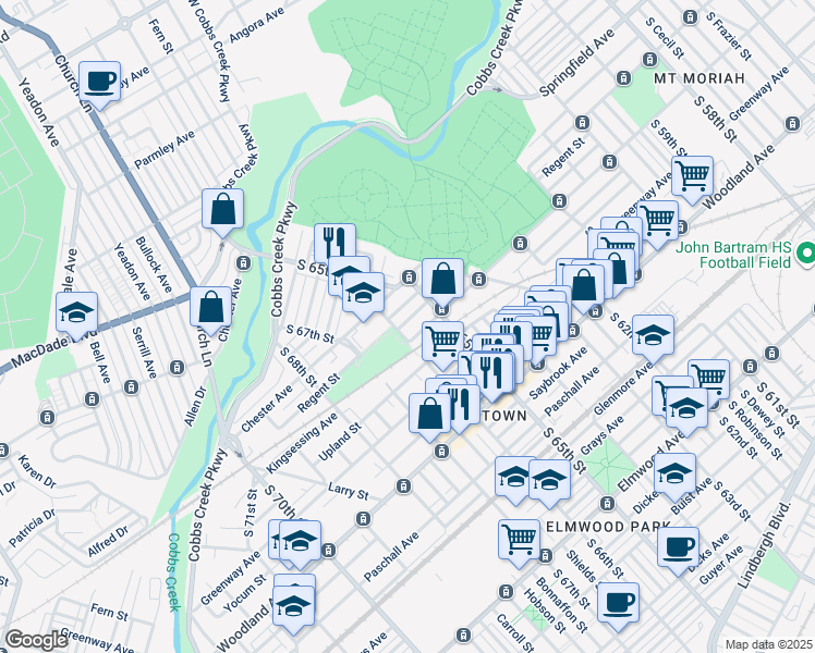 map of restaurants, bars, coffee shops, grocery stores, and more near 6542 Regent Street in Philadelphia