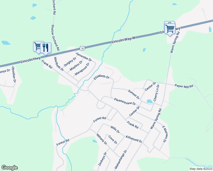 map of restaurants, bars, coffee shops, grocery stores, and more near 1630 West Strohm Drive in Chambersburg