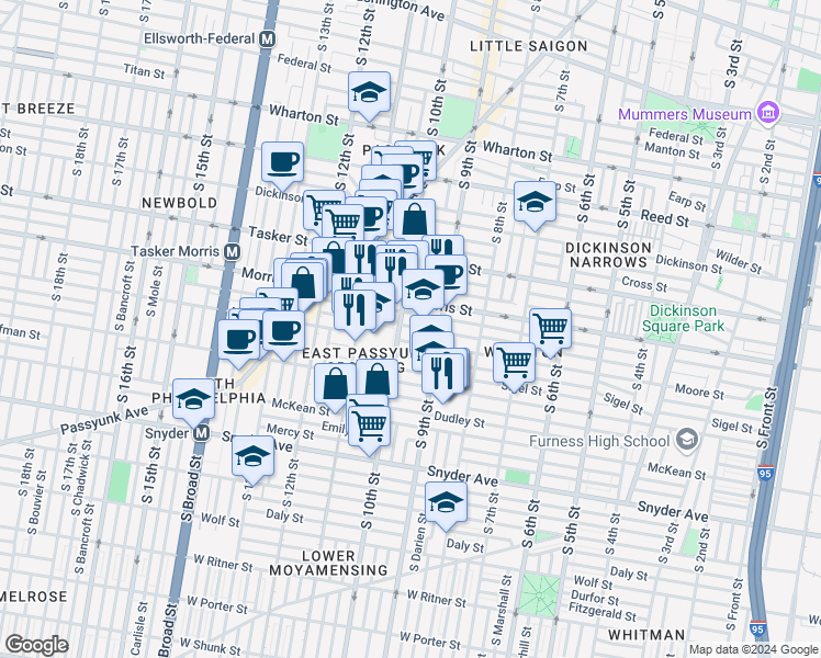 map of restaurants, bars, coffee shops, grocery stores, and more near 934 Pierce Street in Philadelphia