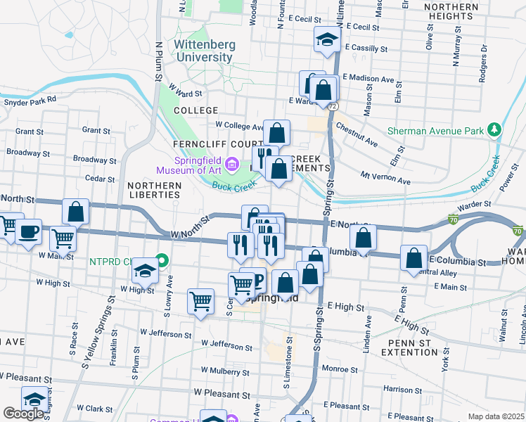 map of restaurants, bars, coffee shops, grocery stores, and more near 101-199 Fisher Street in Springfield