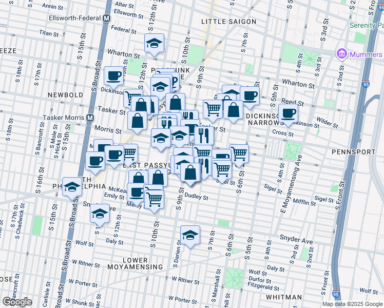 map of restaurants, bars, coffee shops, grocery stores, and more near 835 Pierce Street in Philadelphia