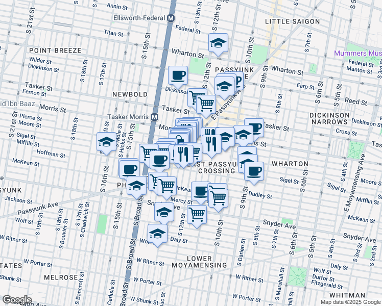 map of restaurants, bars, coffee shops, grocery stores, and more near 1204 Moore Street in Philadelphia