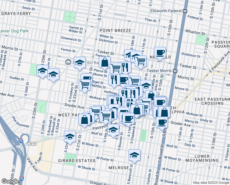 map of restaurants, bars, coffee shops, grocery stores, and more near 1847 Hoffman Street in Philadelphia