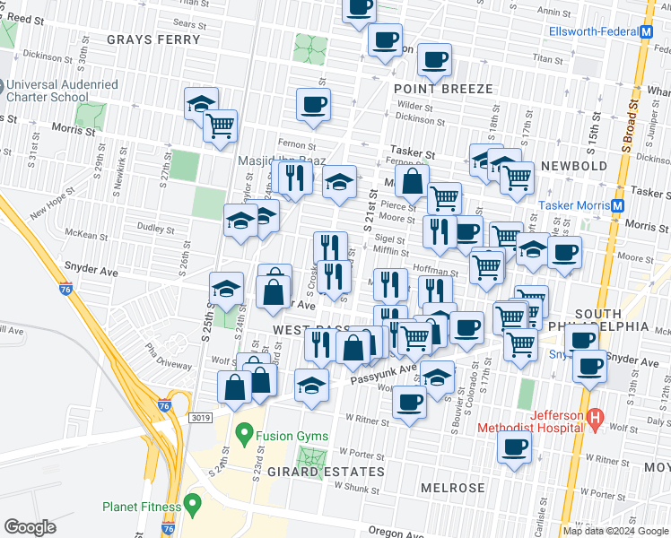 map of restaurants, bars, coffee shops, grocery stores, and more near 1944 South Beechwood Street in Philadelphia