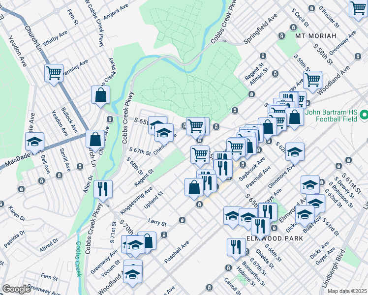 map of restaurants, bars, coffee shops, grocery stores, and more near 6553 Kingsessing Avenue in Philadelphia