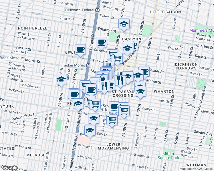 map of restaurants, bars, coffee shops, grocery stores, and more near 1822 South Sartain Street in Philadelphia
