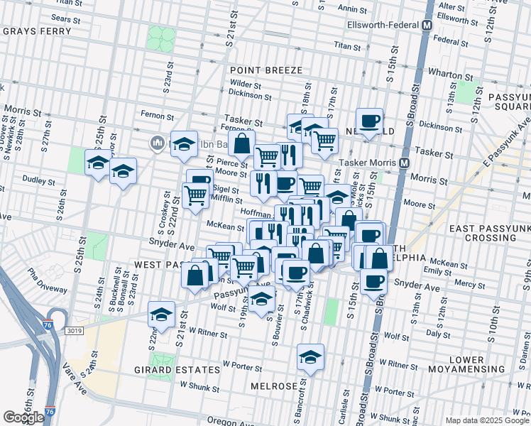 map of restaurants, bars, coffee shops, grocery stores, and more near 1847 Hoffman Street in Philadelphia