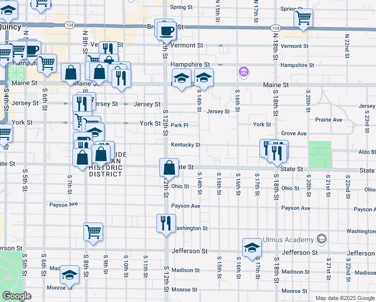 map of restaurants, bars, coffee shops, grocery stores, and more near 425 South 12th Street in Quincy