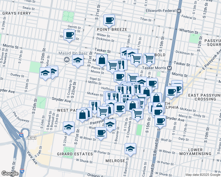 map of restaurants, bars, coffee shops, grocery stores, and more near 1844 Dudley Street in Philadelphia