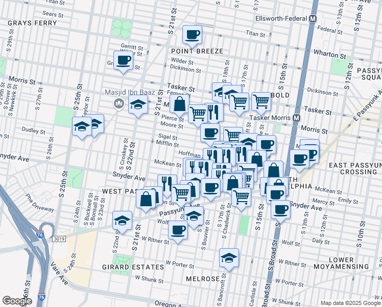 map of restaurants, bars, coffee shops, grocery stores, and more near 1844 Dudley Street in Philadelphia