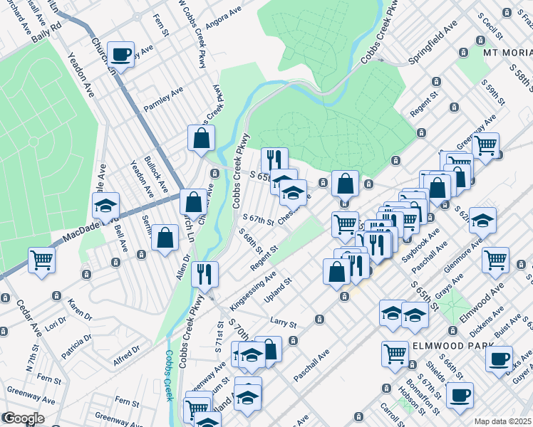 map of restaurants, bars, coffee shops, grocery stores, and more near 6701 Chester Avenue in Philadelphia