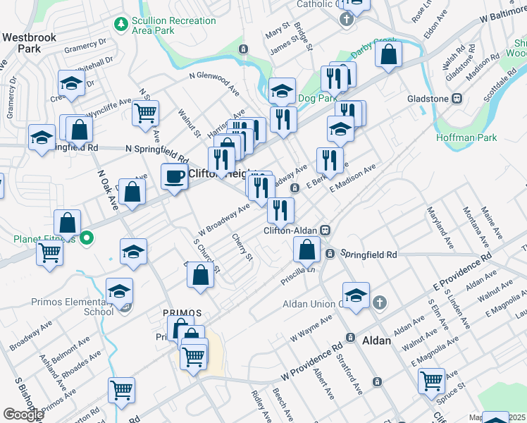 map of restaurants, bars, coffee shops, grocery stores, and more near 24 West Berkley Avenue in Clifton Heights