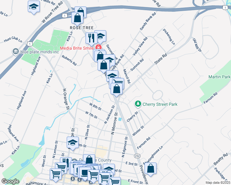 map of restaurants, bars, coffee shops, grocery stores, and more near 807 North Providence Road in Media