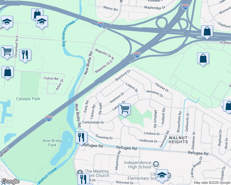 map of restaurants, bars, coffee shops, grocery stores, and more near 4941 Comstock Drive in Columbus