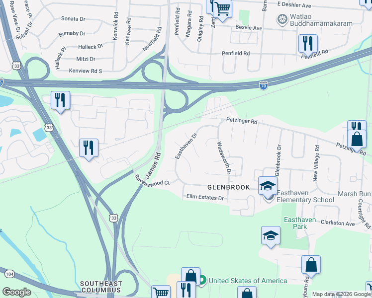 map of restaurants, bars, coffee shops, grocery stores, and more near 2966 Bromfield Court in Columbus