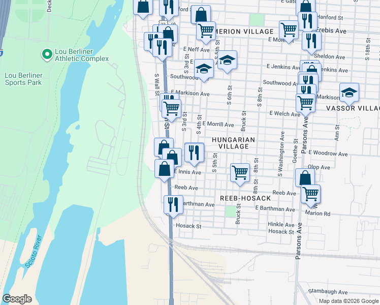 map of restaurants, bars, coffee shops, grocery stores, and more near 1725 South 4th Street in Columbus
