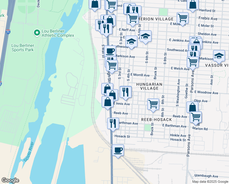 map of restaurants, bars, coffee shops, grocery stores, and more near 1704 South Pearl Street in Columbus