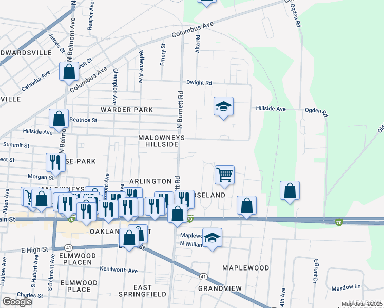 map of restaurants, bars, coffee shops, grocery stores, and more near 403 Roseland Avenue West in Springfield