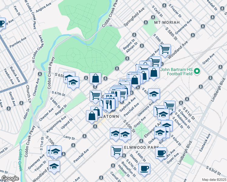 map of restaurants, bars, coffee shops, grocery stores, and more near 2100 South 64th Street in Philadelphia