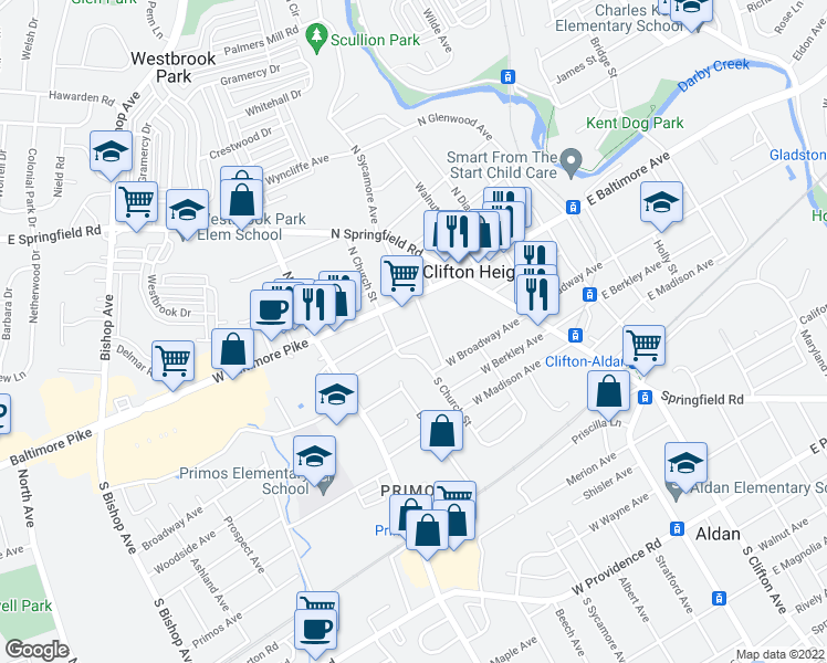 map of restaurants, bars, coffee shops, grocery stores, and more near 117 West Washington Avenue in Clifton Heights