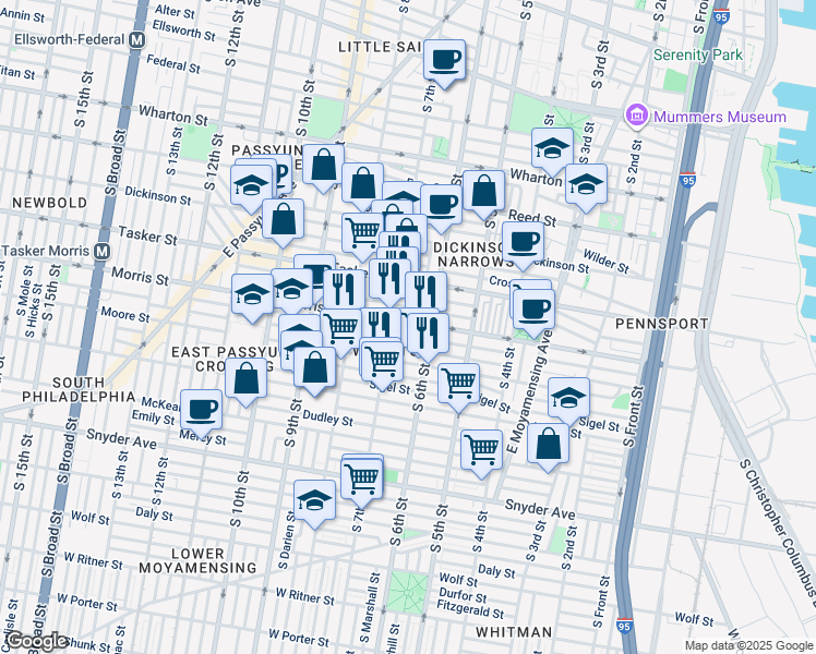 map of restaurants, bars, coffee shops, grocery stores, and more near 622 Morris Street in Philadelphia